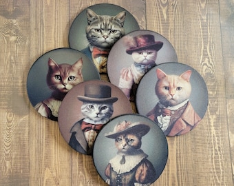 Victorian Cat Portrait Coasters - Set of 6 Drink Coasters