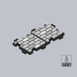 May include: Isometric view of two interlocking grey brick tiles with black borders. The tiles are designed for tabletop gaming, with a logo for "The Dungeon Vault" in the bottom right corner.