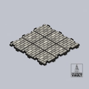 Puede incluir: Vista isométrica de un juego de baldosas modulares con patrón de ladrillos grises. Las baldosas están dispuestas en forma cuadrada, con un borde negro y bordes entrelazados. El logotipo de The Dungeon Vault está en la esquina inferior derecha.