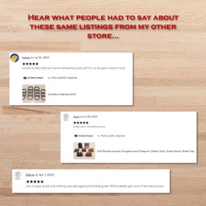 Peut inclure: Image pr&eacute;sentant des avis clients pour une boutique. Les avis sont affich&eacute;s sur des cartes blanches avec du texte noir. Les avis mentionnent la qualit&eacute; des produits et la rapidit&eacute; de la livraison. Le texte en haut indique : "HEAR WHAT PEOPLE HAD TO SAY ABOUT THESE SAME LISTINGS FROM MY OTHER STORE..."