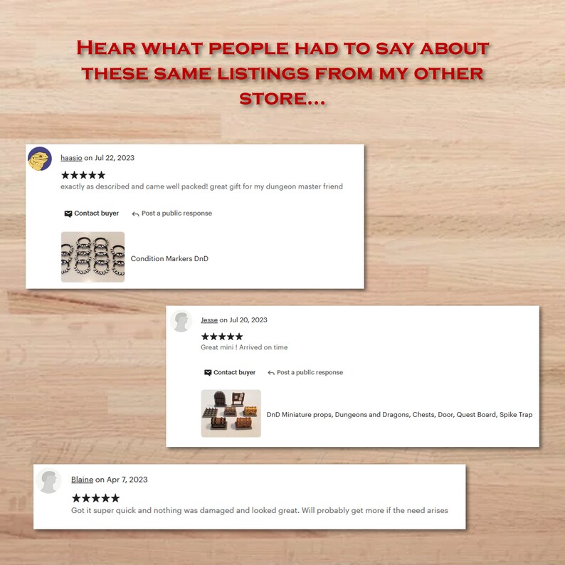 Peut inclure: Image pr&eacute;sentant des avis clients pour une boutique. Les avis sont affich&eacute;s sur des cartes blanches avec du texte noir. Les avis mentionnent la qualit&eacute; des produits et la rapidit&eacute; de la livraison. Le texte en haut indique : "HEAR WHAT PEOPLE HAD TO SAY ABOUT THESE SAME LISTINGS FROM MY OTHER STORE..."