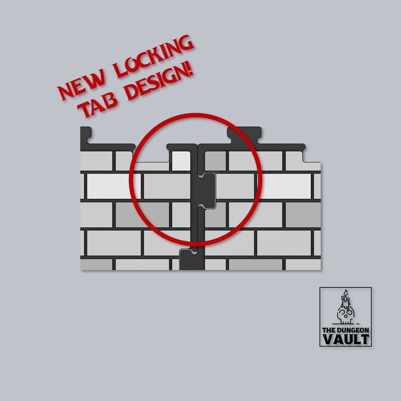 Peut inclure: Deux panneaux muraux en briques grises, avec un nouveau design de languette de verrouillage, mis en &eacute;vidence par un cercle rouge. Le texte "NEW LOCKING TAB DESIGN!" est en rouge. Le logo The Dungeon Vault est en bas &agrave; droite.