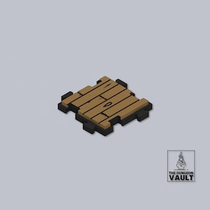 May include: A 3D-rendered wooden floor tile with a brown surface and black edges. The tile is square and features a plank design. The Dungeon Vault logo is in the bottom right corner.