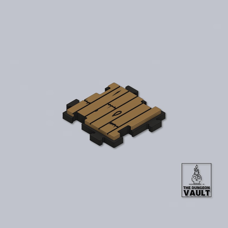 Peut inclure: Une dalle de sol en bois rendue en 3D avec une surface marron et des bords noirs. La dalle est carr&eacute;e et pr&eacute;sente un motif de planches. Le logo The Dungeon Vault est dans le coin inf&eacute;rieur droit.
