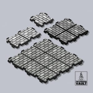 May include: Isometric view of modular gray brick-patterned tiles in various sizes. The tiles have a black border and are designed to interlock. The Dungeon Vault logo is in the bottom right corner. Ideal for tabletop gaming.