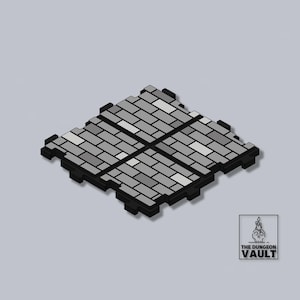 Może przedstawiać: Widok izometryczny modułowego zestawu płytek do lochów. Płytka składa się z szarych segmentów przypominających cegły z czarnymi obramowaniami. Logo The Dungeon Vault znajduje się w prawym dolnym rogu.
