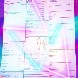 May include: A medical chart form with sections for patient information, allergies, vital signs, and hospital course. The form includes fields for name, age, code, date of birth, room, allergies, medications, vital signs, and hospital course. The form is designed for use in a hospital or other healthcare setting.