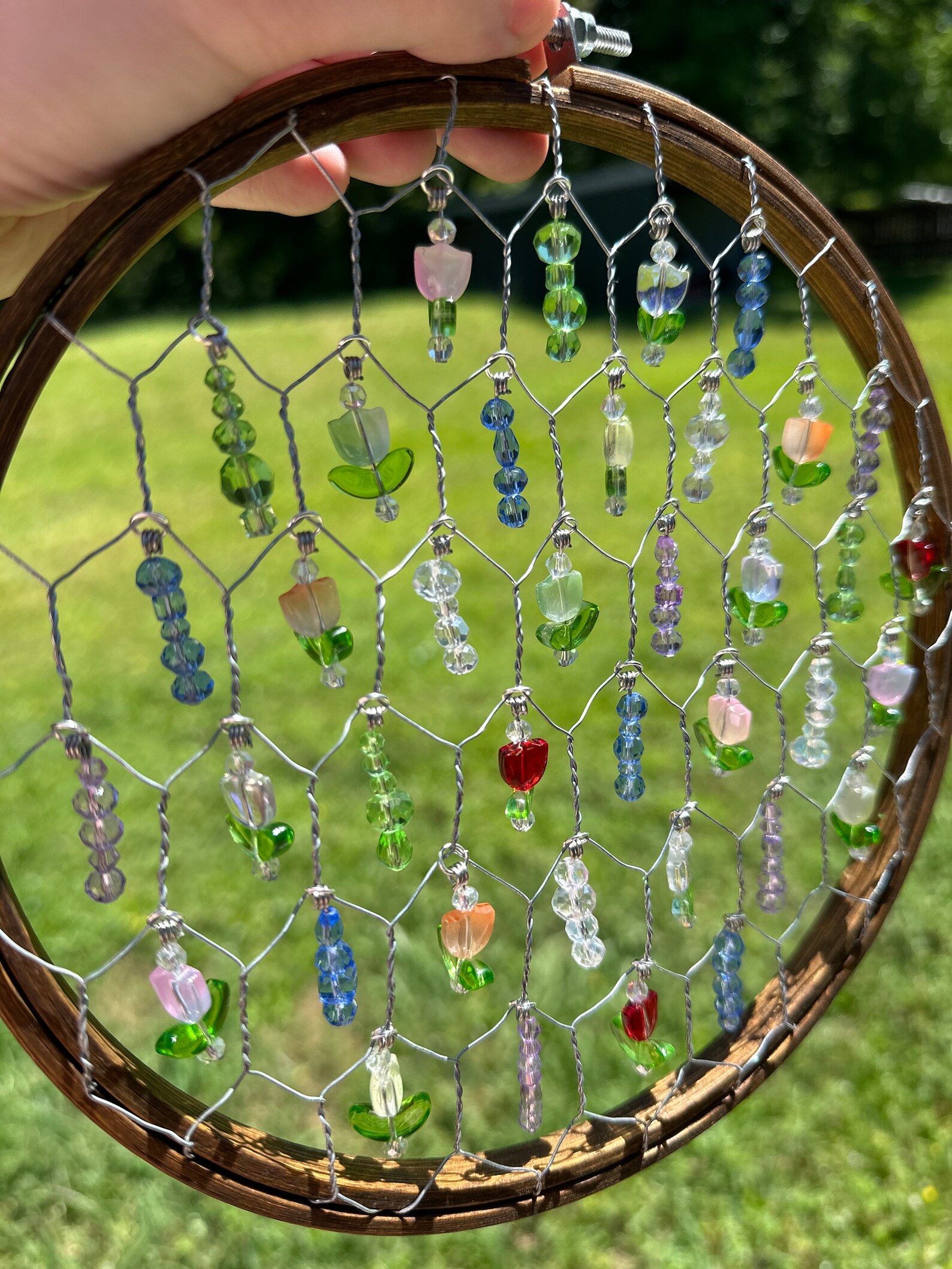 Chicken Wire Beaded Suncatcher Handmade Suncatcher Embroidery Hoop Sun