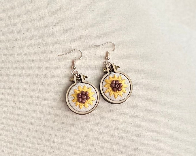 Hand Embroidered Sunflower Earrings Mini Embroidery Hoops Sunflower