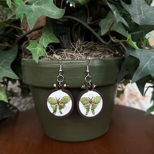 hand embroidered luna moth earrings | mini embroidery hoops | moth earrings | insect earrings | wooden jewelry | cottagecore jewelry