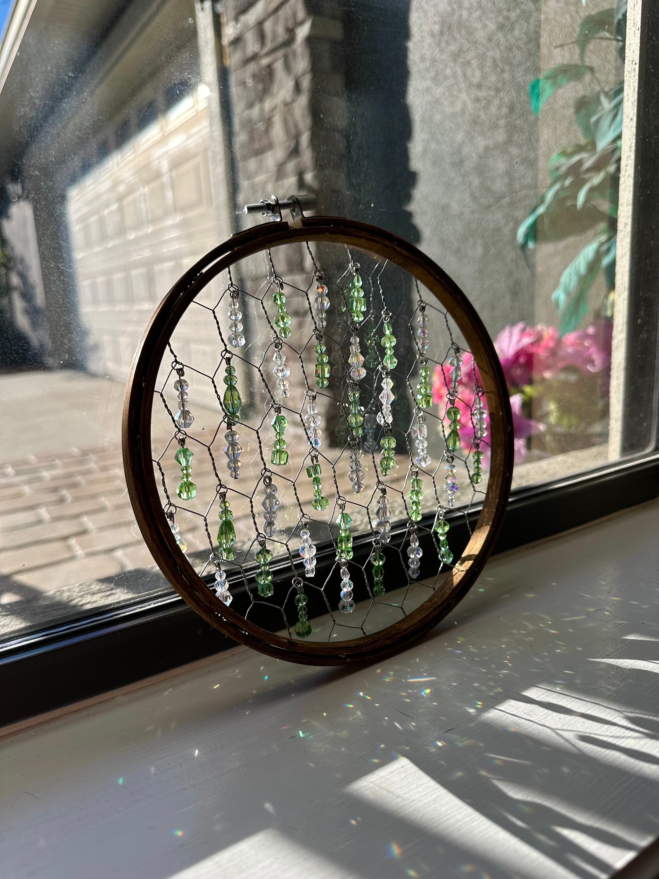Glass Bead Chicken Wire Suncatcher Handmade Suncatcher Embroidery Hoop