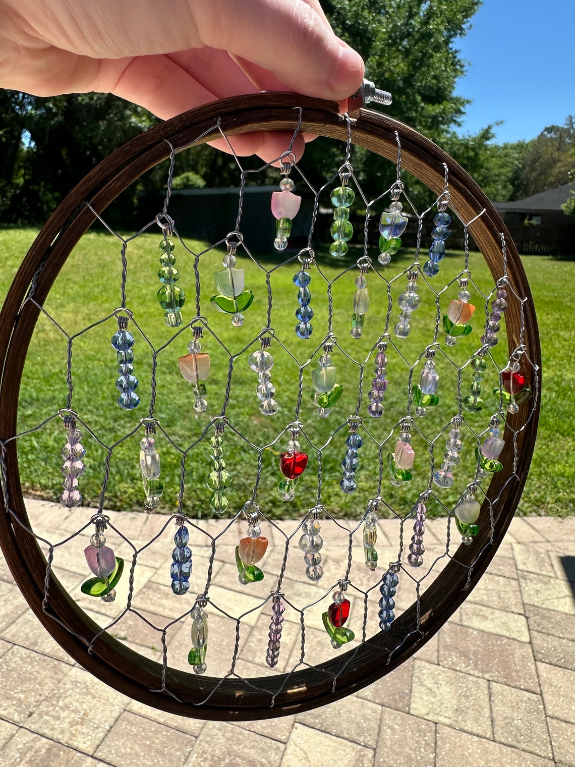 Chicken Wire Beaded Suncatcher Handmade Suncatcher Embroidery Hoop Sun