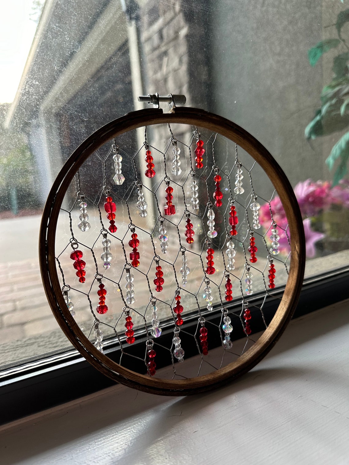 Glass Bead Chicken Wire Suncatcher Handmade Suncatcher Embroidery Hoop
