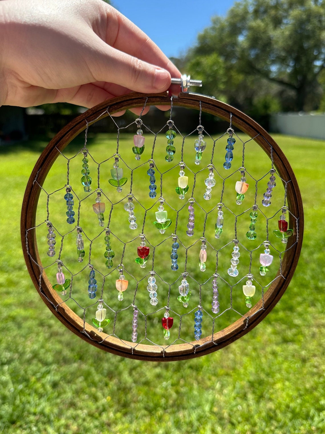 Chicken Wire Beaded Suncatcher Handmade Suncatcher Embroidery Hoop Sun