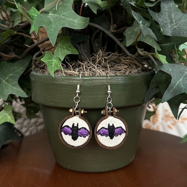 hand embroidered bat earrings | mini embroidery hoops | bat jewelry | halloween earrings | dangle earrings | bats | batty bats | cute