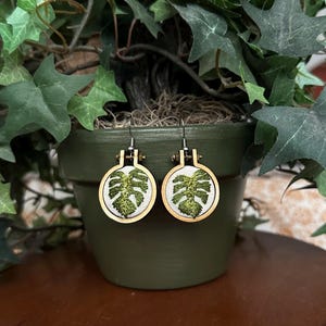 Hand Embroidered Monstera Leaf Earrings: Mini Hoop Plant Jewelry