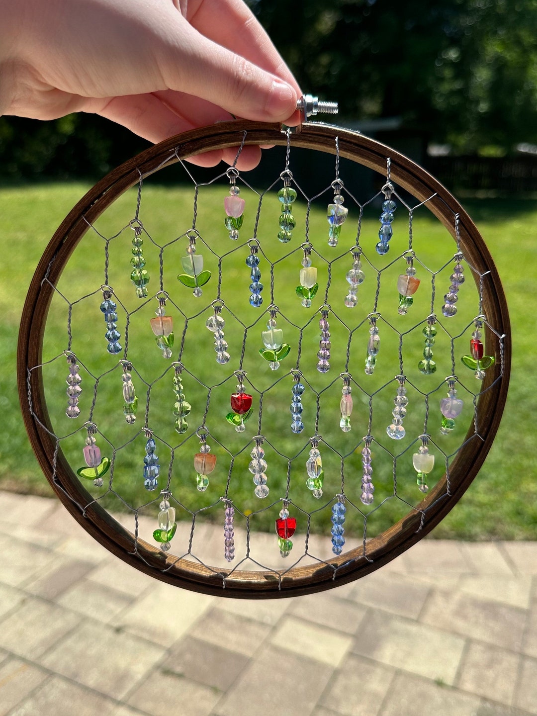 Chicken Wire Beaded Suncatcher Handmade Suncatcher Embroidery Hoop Sun
