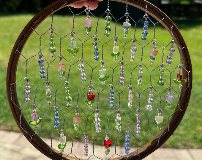 Chicken Wire Beaded Suncatcher Handmade Suncatcher Embroidery Hoop Sun
