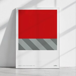 Minimal poster design of a crop of a sneaker box, in red and tones of grey, with white space and editoral typography layout and caption and logo along the bottom.