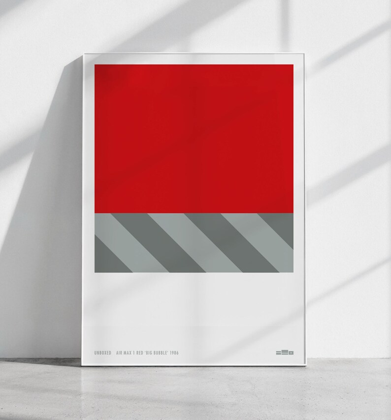 Minimal poster design of a crop of a sneaker box, in red and tones of grey, with white space and editoral typography layout and caption and logo along the bottom.