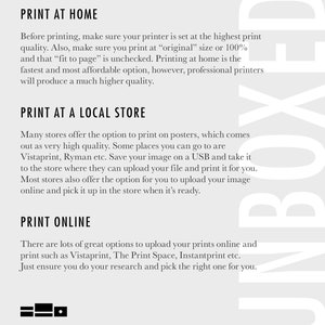 May include: A white and gray graphic with text explaining the different ways to print photos at home, at a local store, or online. The text includes the names of popular printing services like Vistaprint, The Print Space, and Instantprint.