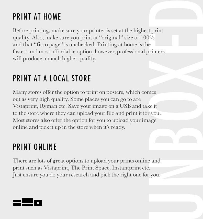 May include: A white and gray graphic with text explaining the different ways to print photos at home, at a local store, or online. The text includes the names of popular printing services like Vistaprint, The Print Space, and Instantprint.