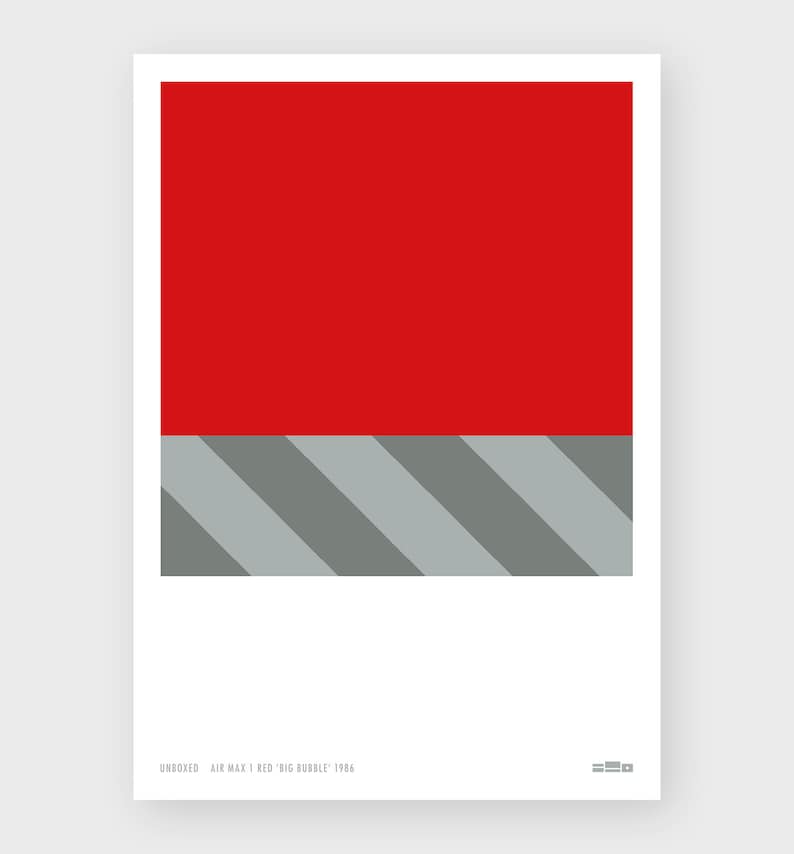 Minimal poster design of a crop of a sneaker box, in red and tones of grey, with white space and editoral typography layout and caption and logo along the bottom.