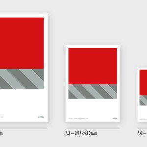 Minimal poster design of a crop of a sneaker box, in red and tones of grey, with white space and editoral typography layout and caption and logo along the bottom.