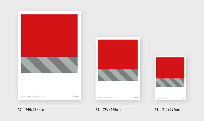 Minimal poster design of a crop of a sneaker box, in red and tones of grey, with white space and editoral typography layout and caption and logo along the bottom.