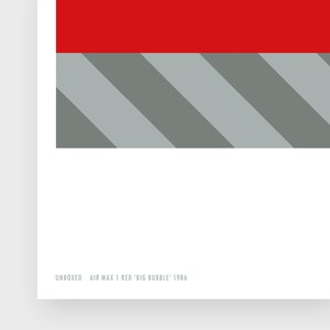 Minimal poster design of a crop of a sneaker box, in red and tones of grey, with white space and editoral typography layout and caption and logo along the bottom.