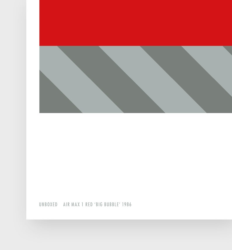 Minimal poster design of a crop of a sneaker box, in red and tones of grey, with white space and editoral typography layout and caption and logo along the bottom.