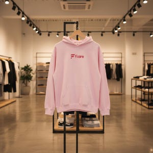 May include: A light pink hoodie with a front pocket and a hood. The word "flare" is printed in red on the chest. The hoodie is hanging on a wooden hanger in a clothing store.