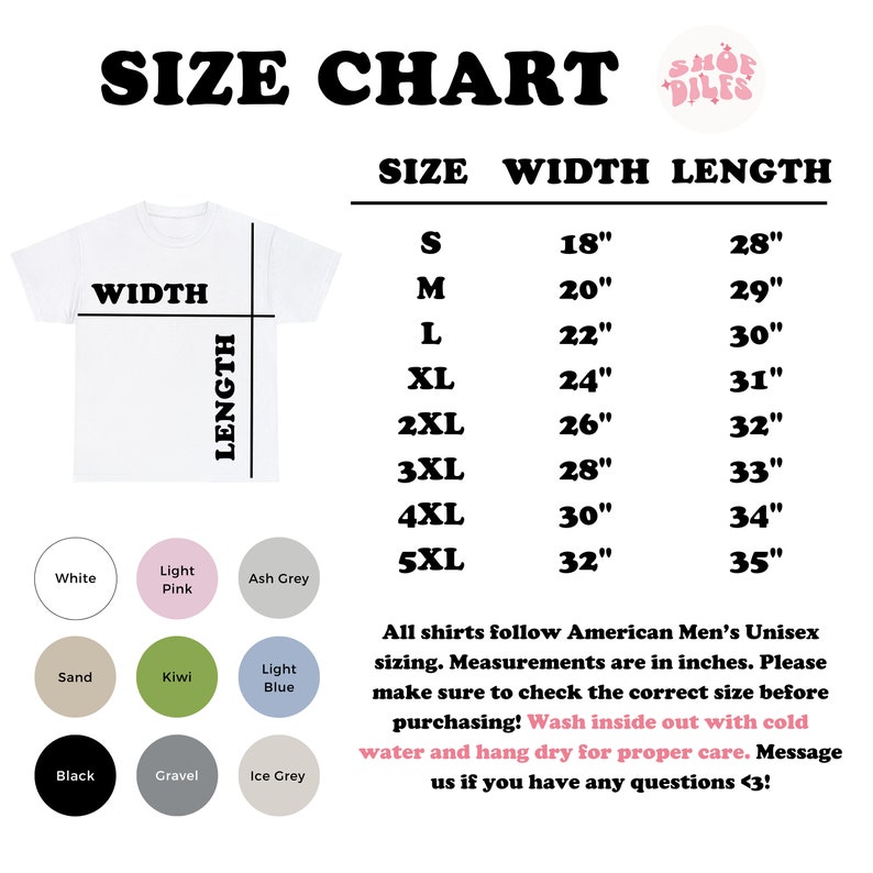 K&ouml;nnte beinhalten: Eine wei&szlig;e T-Shirt-Gr&ouml;&szlig;entabelle mit Ma&szlig;en in Zoll. Die Tabelle enth&auml;lt die Gr&ouml;&szlig;en S bis 5XL mit Breiten- und L&auml;ngenma&szlig;en. Farboptionen sind Wei&szlig;, Hellrosa, Aschgrau, Sand, Kiwi, Hellblau, Schwarz, Kies und Eisgrau.