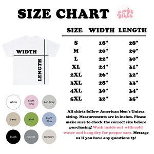 May include: A white t-shirt size chart with measurements in inches. The chart includes sizes S to 5XL, with width and length dimensions. Color options include white, light pink, ash grey, sand, kiwi, light blue, black, gravel, and ice grey.