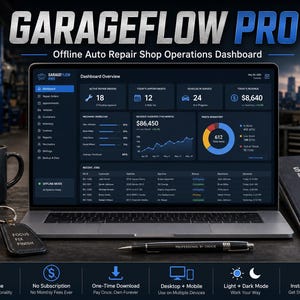 May include: A laptop displaying the GarageFlow Pro dashboard, an offline auto repair shop operations interface. The screen shows metrics, appointments, and recent jobs. Beside the laptop are a black mug, car keys, a pen, and a service record book.