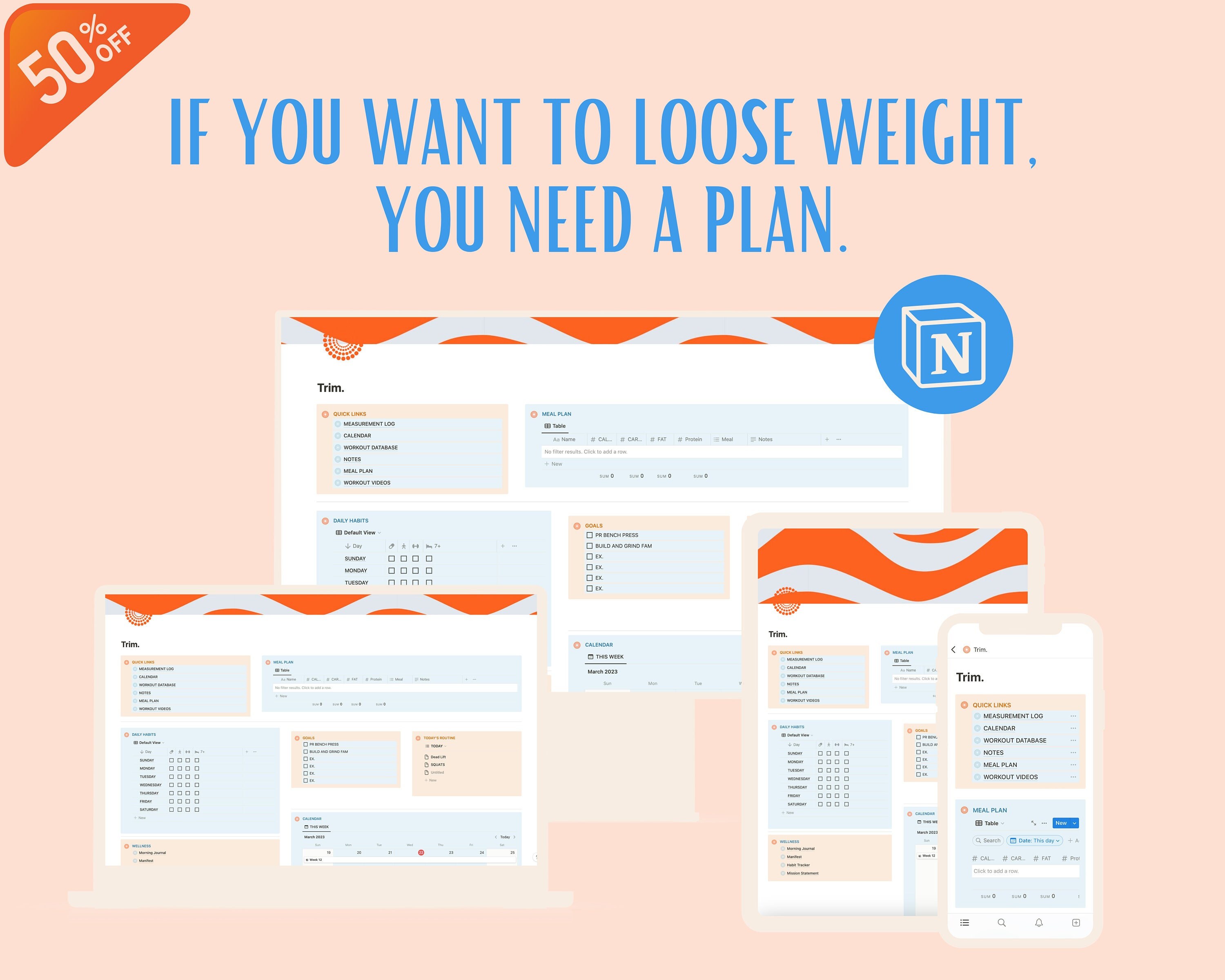 TRIM Weight Loss Planner Fitness Journal Notion Dashboard Notion Template Workout Weight Loss