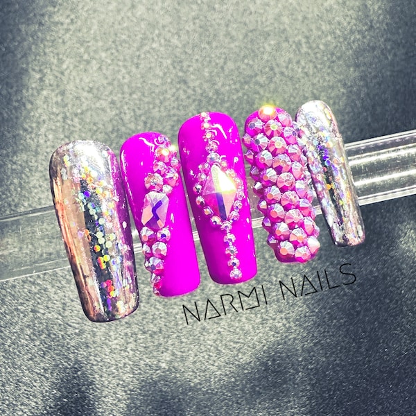 Rhinestone Presson Nails, Bling Diamond Purple Press on Nails, Shiny Crystals Long Square Presson Nails, Long Square Glam Presson Nails