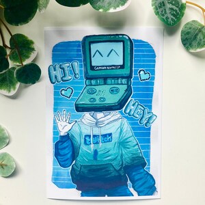 May include: Illustration of a person with a Game Boy Advance SP head, wearing a blue hoodie with the Twitch logo. The artwork features the words "HI!" and "HEY!" with heart symbols, set against a blue striped background.