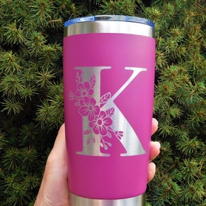 Monogram with Flowers 20 Ounce Tumbler - Back to School Teacher Gift - Hot or Cold 20 Ounce Tumbler with Initial - 20 Oz Coffee Mug