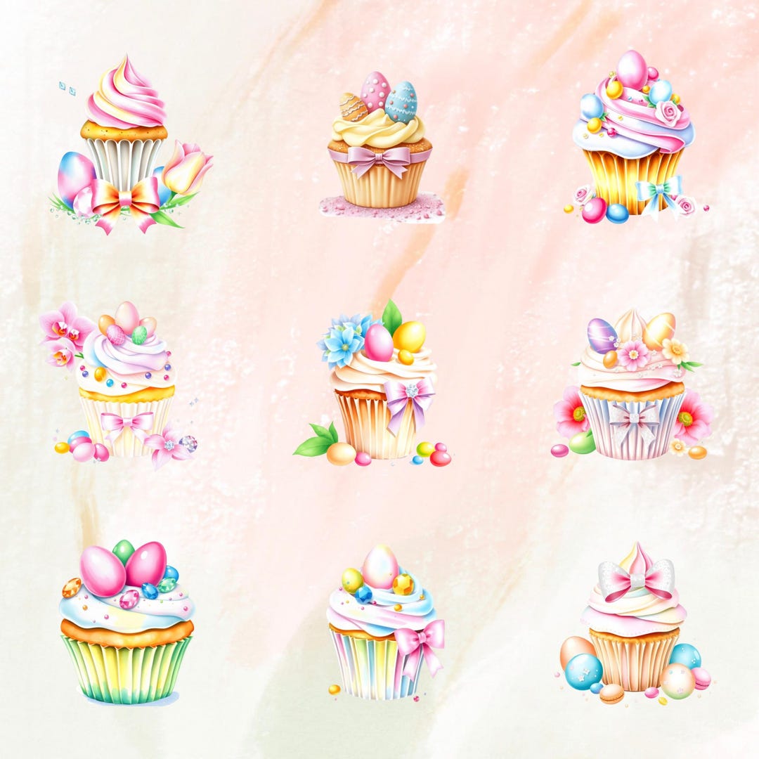 Easter Cupcakes Watercolor Clipart – Spring Desserts PNG (digital ...