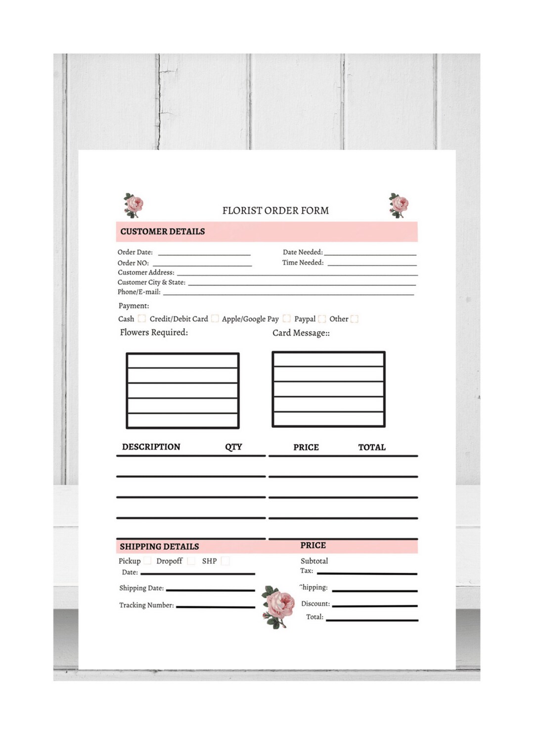 Printable Florist Order Form, Flowers Order Form Template, Florist