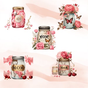 Watercolor Mother&#39;s Day Clipart, Pink Floral Mother&#39;s Day PNG, Mason Jar PNG, Watercolor Clipart Bundle of 30 Png
