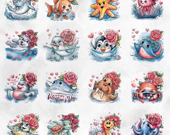Valentine Sea Life Clipart, Ocean Animals PNG (Digital Download)