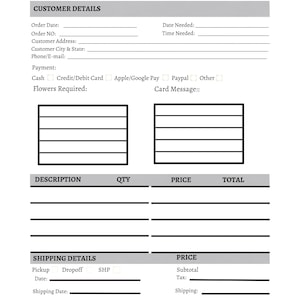 Printable Florist Order Form Plain, Flowers Order Form Template, Florist Business Order Sheet