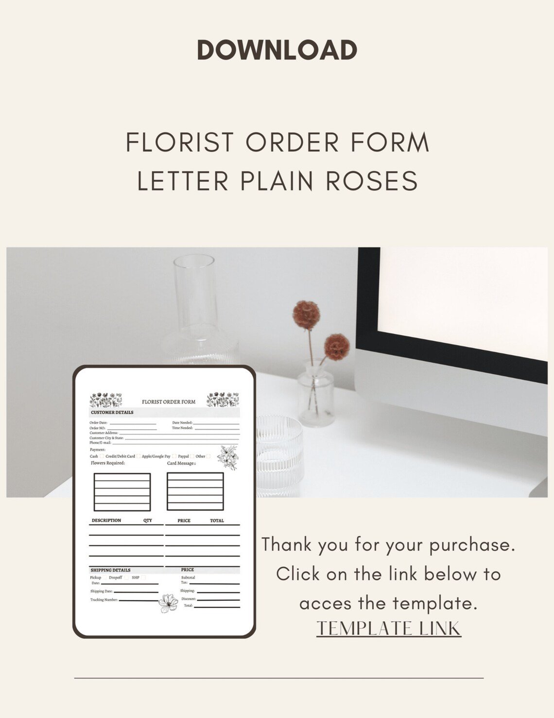 Printable Florist Order Form Flowers Order Form Template Etsy