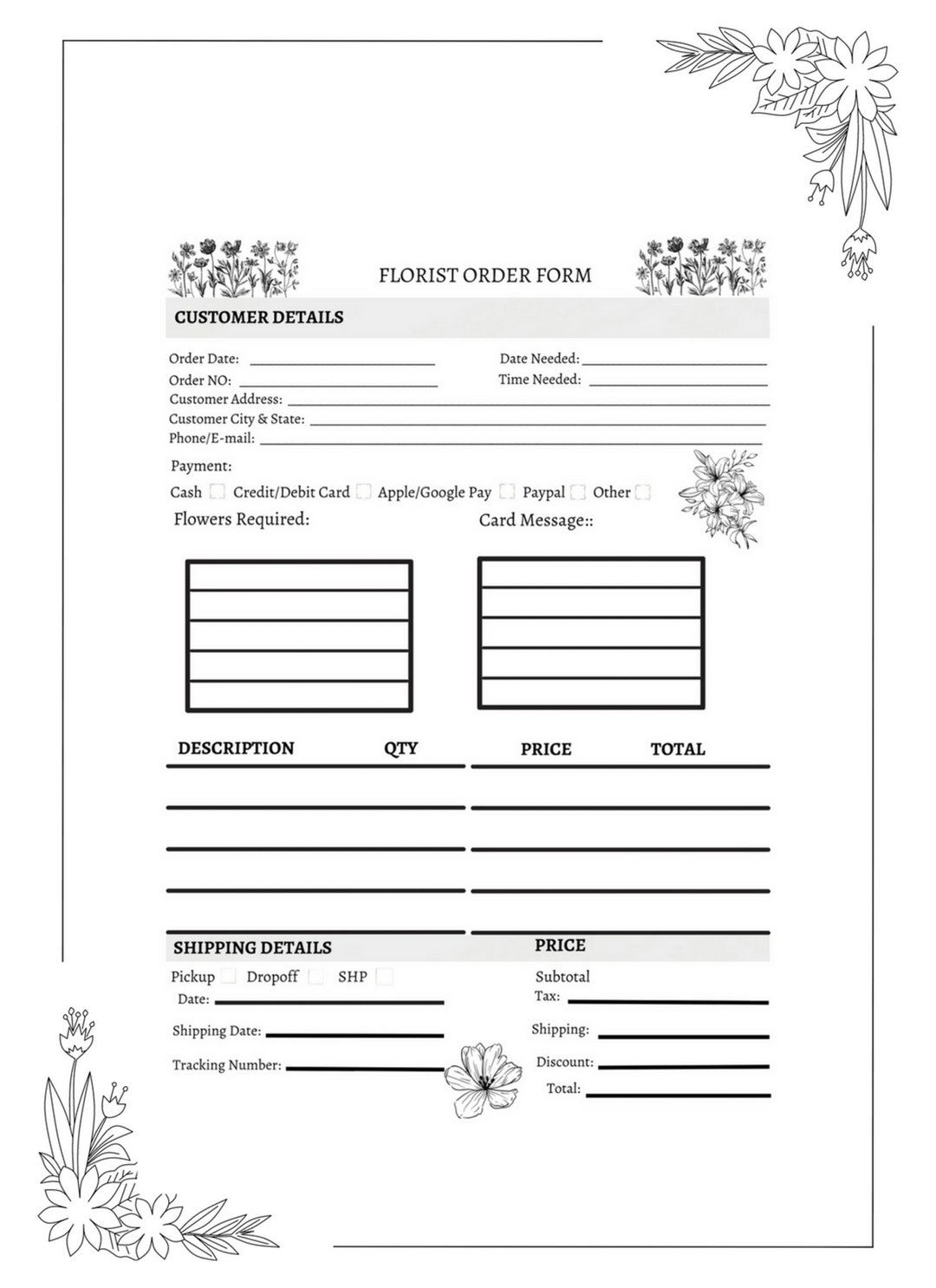 Printable Florist Order Form, Flowers Order Form Template, Florist Printable Florist Order Form, Flowers Order Form Template, Florist