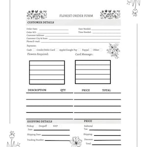 Printable Florist Order Form, Flowers Order Form Template, Florist Business Order Sheet