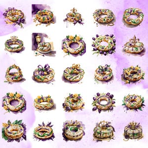 Pacchetto di clipart di torta del re di Mardi Gras ad acquerello, 74 immagini, file PNG digitali, sfondo trasparente, uso commerciale