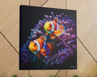 Clownfish Pair on Purple Anemone | Reef Aquarium Canvas Wall Art for Coral and Fish Lovers | High Quality & Unique Design