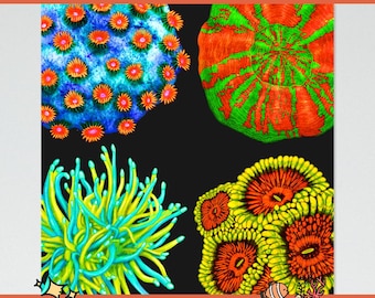 Vibrant Corals (V1) | UV Reactive Blacklight Tapestry |  Reef Aquarium Hobbyists | Saltwater Reef Tank Art | Glow in the Dark